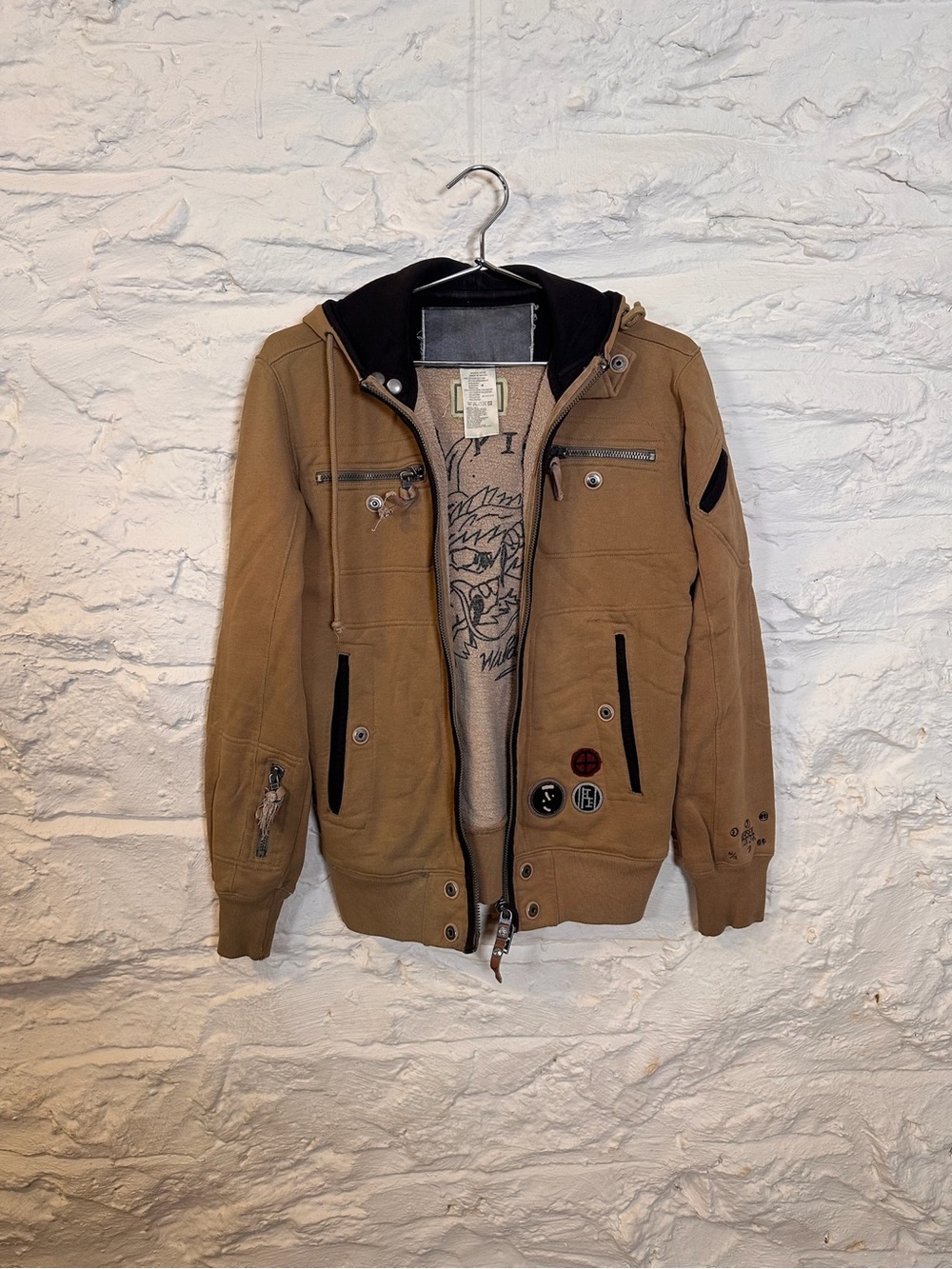 Diesel Men's Tan Hooded Zip-Up Sweatshirt Jacket with Black Trim